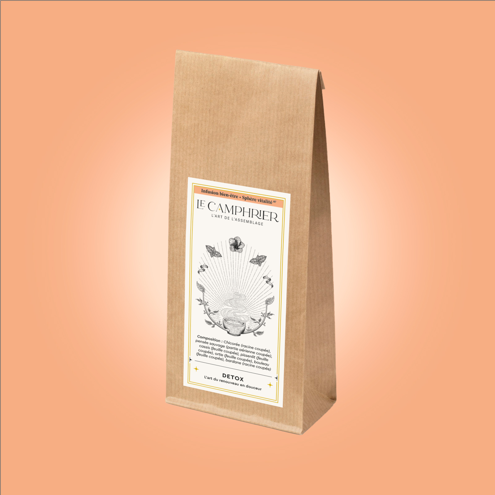 🖼️ BALISES IMAGES – Détox 1. Image principale (photo de la tisane ou tasse fumante) ALT : Tisane Détox – infusion chicorée cassis ortie – Le Camphrier Titre : Détox – infusion vitalité et renouveau naturel Description : Infusion artisanale à la chicorée, au cassis et à l’ortie. Une tisane naturelle pour accompagner les transitions saisonnières et le renouveau intérieur. 2. Image secondaire (mélange sec ou zoom sur les plantes) ALT : Tisane Détox – chicorée cassis ortie pensée sauvage – infusion naturelle Titre : Détox – tisane vitalité et équilibre Description : Détail du mélange Détox : chicorée, cassis, ortie et pensée sauvage. Une composition végétale équilibrée, symbole de renouveau et d’harmonie. 3. Image d’ambiance (moment d’infusion ou décor saisonnier) ALT : Infusion Détox – tisane naturelle vitalité et équilibre – Le Camphrier Titre : Détox – infusion d’équilibre et de renouveau Description : Ambiance autour de la tisane Détox, infusion naturelle au cassis et à la chicorée, évoquant la vitalité douce du printemps et de l’automne.